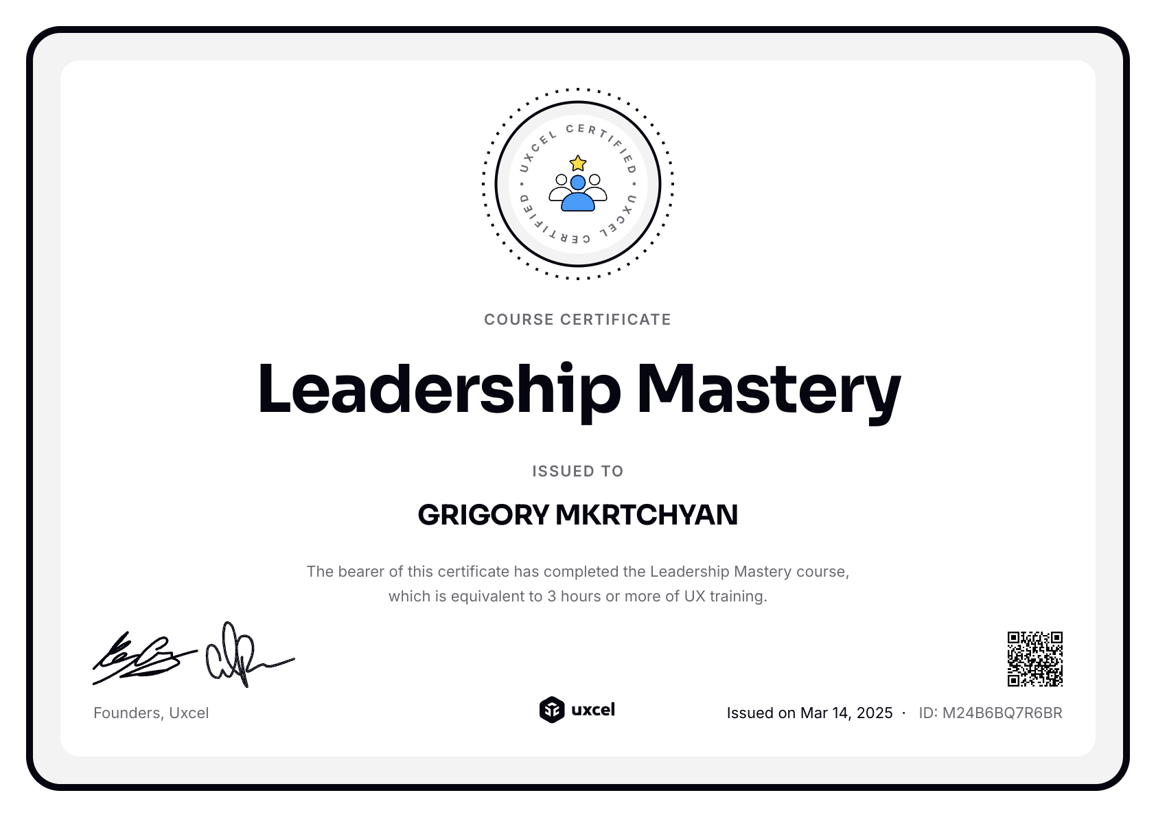 GRIGORY MKRTCHYAN's certificate